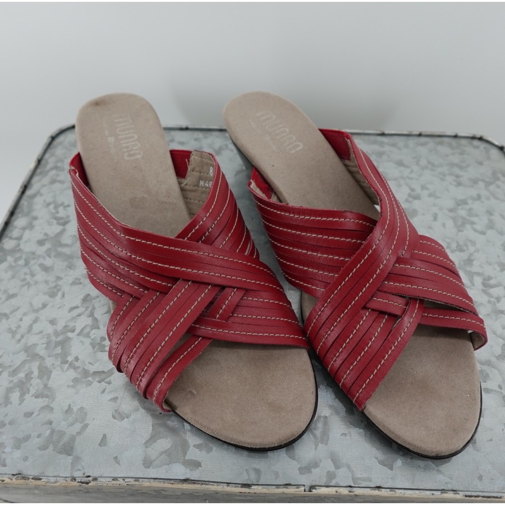 Munro American Red Leather Crisscross Strappy Slide Sandals‎ Wedge M467031 8M